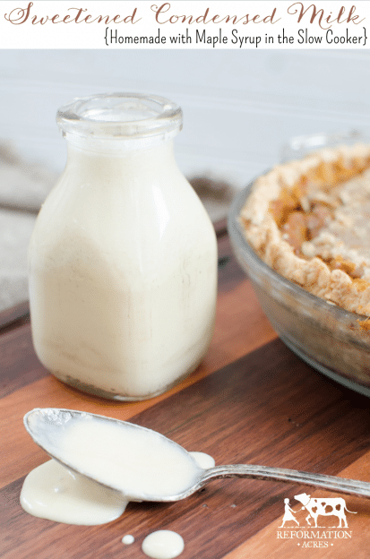 A jar of Sweetened Condensed Milk beside a pie and a spoon