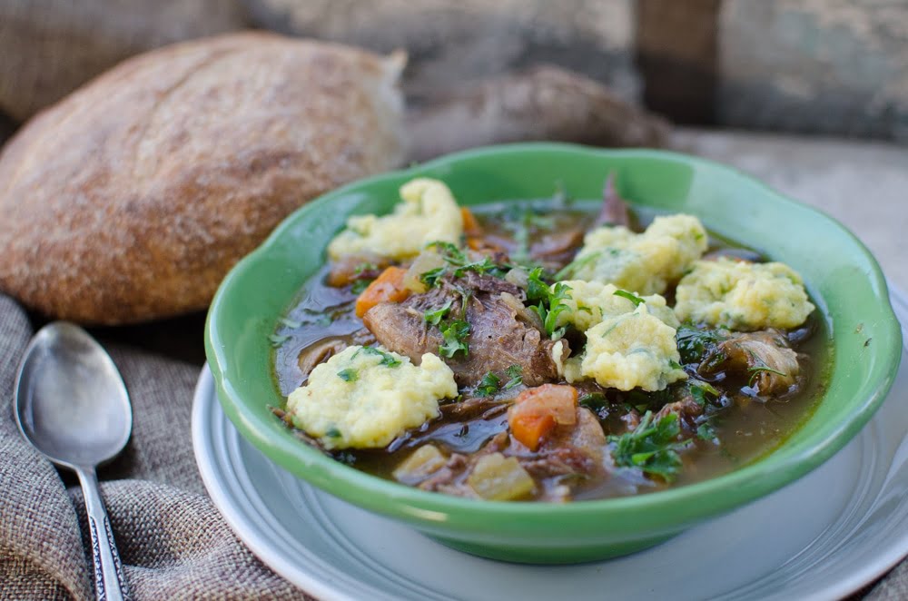 This Oxtail Soup with Parmesan Herbed Dumplings is so rich and delicious with the most meltingly tender beef, rich stock, and light and fluffy dumplings. THIS is the recipe I was most looking forward to when we butchered our grass-fed steer this month. It is that good!