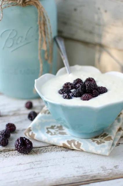 a bowl of homemade vanilla yogurt with blackberries on top